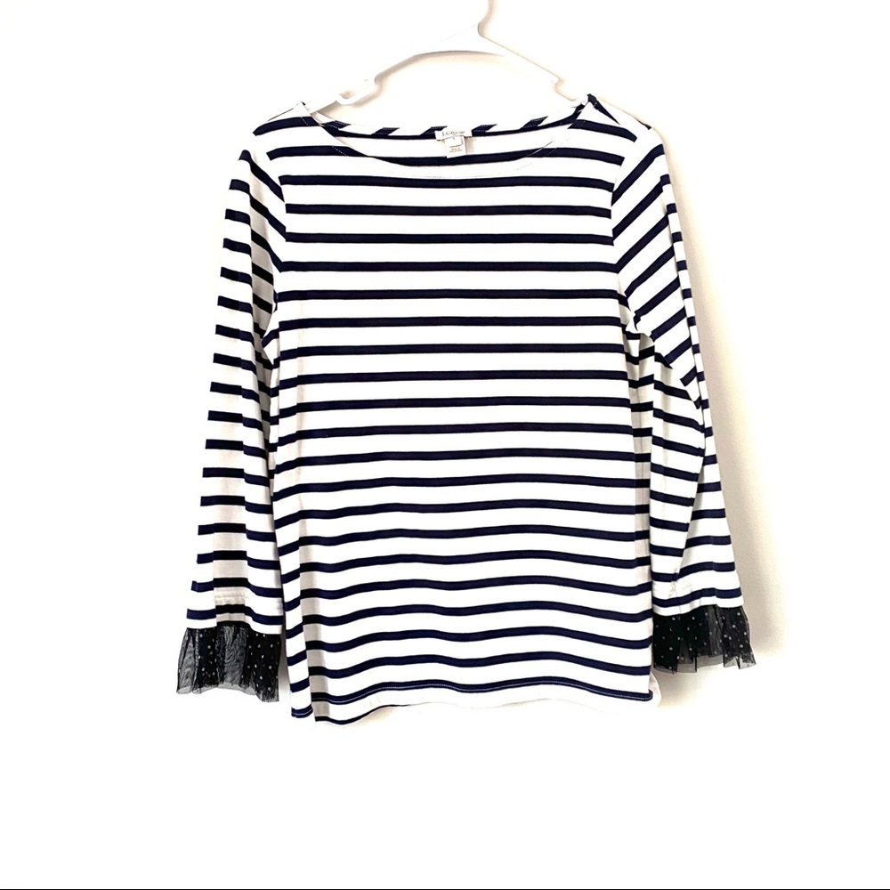 J. Crew Navy Striped Ruffle Dot Long Sleeve Top